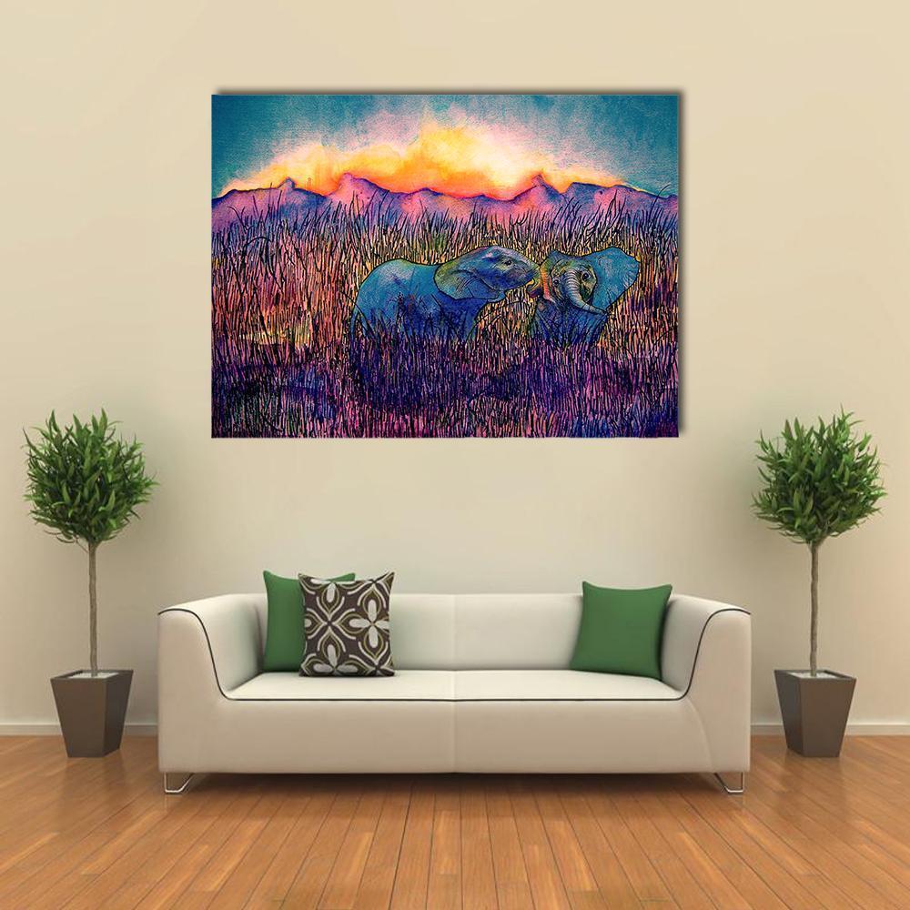 Two Elephants in the Savannah Canvas Wall Art in orange, purple and multicolor, single panel hung on a wall