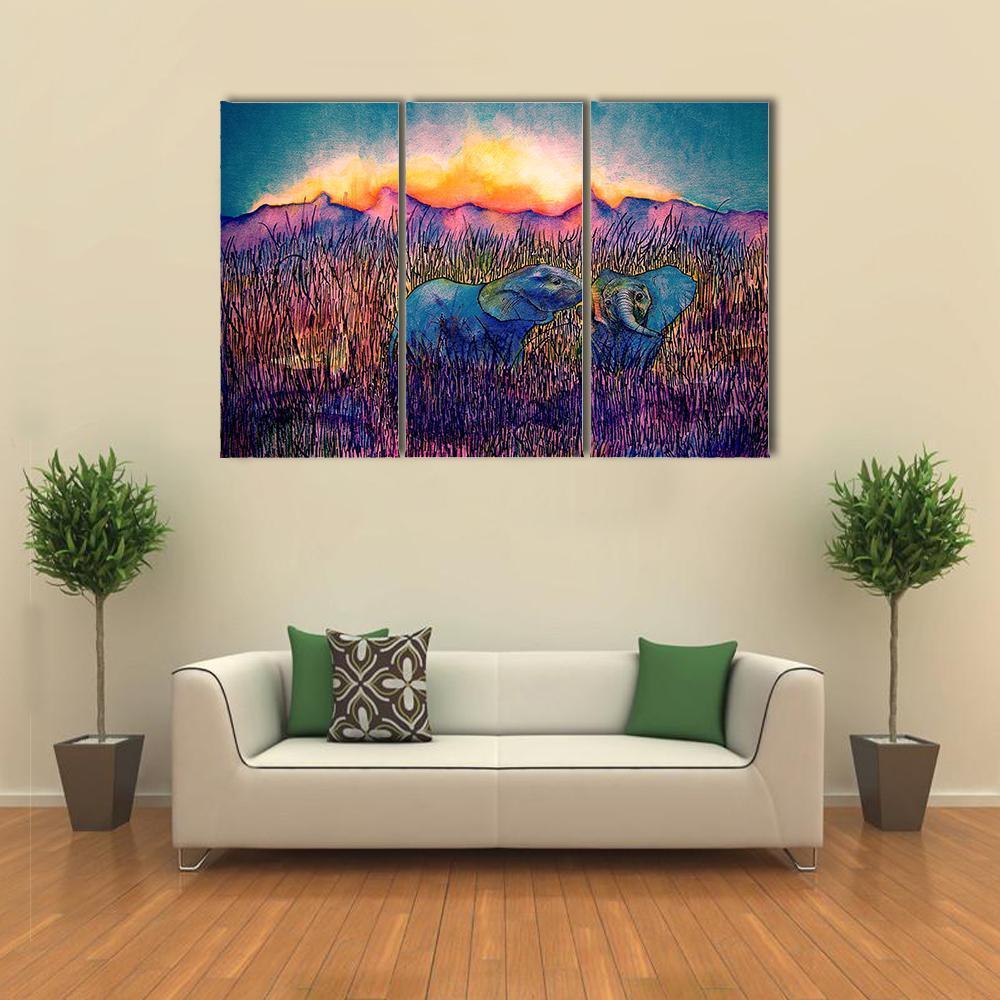 Two Elephants In The Savannah Canvas Wall Art-3 Horizontal-Gallery Wrap-37" x 24"-Tiaracle