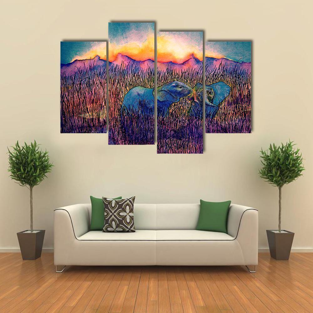 Two Elephants In The Savannah Canvas Wall Art-4 Pop-Gallery Wrap-50" x 32"-Tiaracle