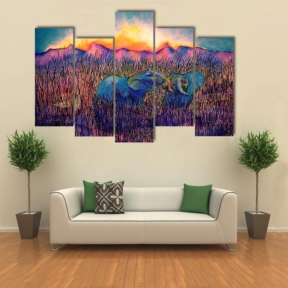 Two Elephants In The Savannah Canvas Wall Art-5 Pop-Gallery Wrap-47" x 32"-Tiaracle