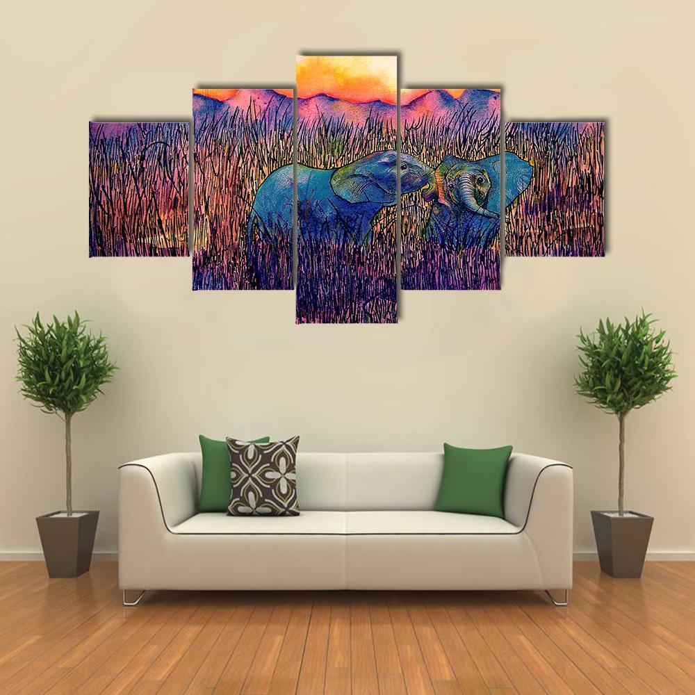 Two Elephants In The Savannah Canvas Wall Art-5 Star-Gallery Wrap-62" x 32"-Tiaracle