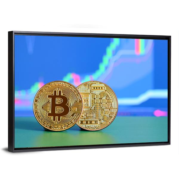 Two Gold Bitcoins Canvas Wall Art-3 Horizontal-Gallery Wrap-25" x 16"-Tiaracle