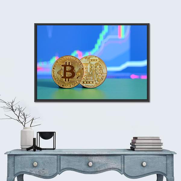 Two Gold Bitcoins Canvas Wall Art-3 Horizontal-Gallery Wrap-25" x 16"-Tiaracle