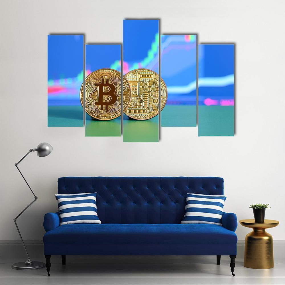 Two Gold Bitcoins Canvas Wall Art-5 Pop-Gallery Wrap-47" x 32"-Tiaracle