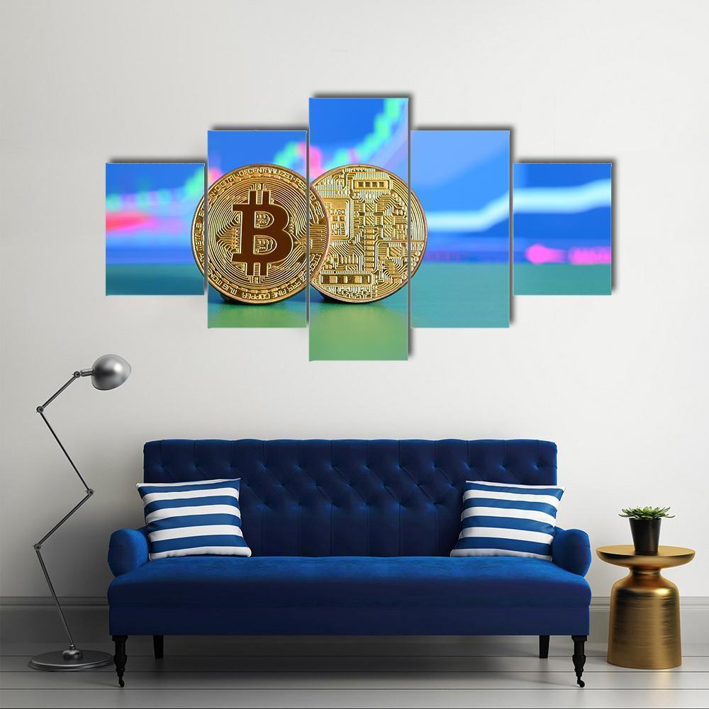 Two Gold Bitcoins Canvas Wall Art-5 Star-Gallery Wrap-62" x 32"-Tiaracle