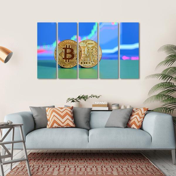 Two Gold Bitcoins Canvas Wall Art-5 Horizontal-Gallery Wrap-22" x 12"-Tiaracle