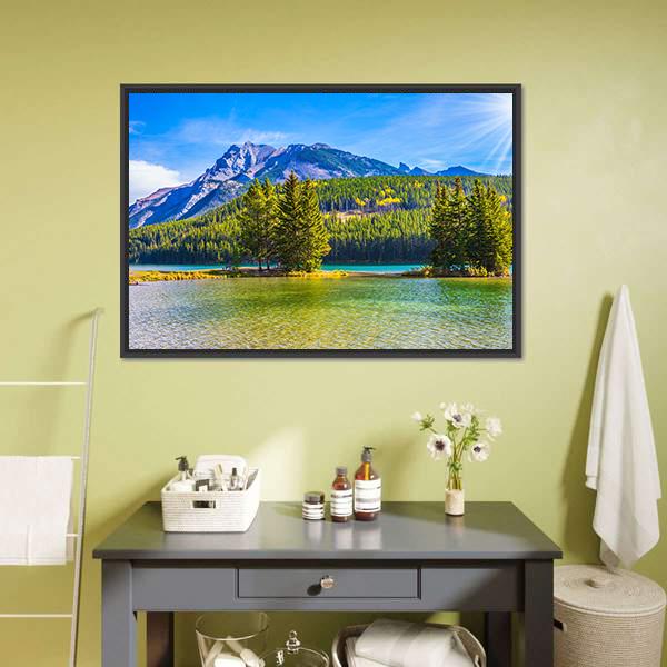 Two Jack Lake In Rocky Mountains Canvas Wall Art-1 Piece-Floating Frame-24" x 16"-Tiaracle