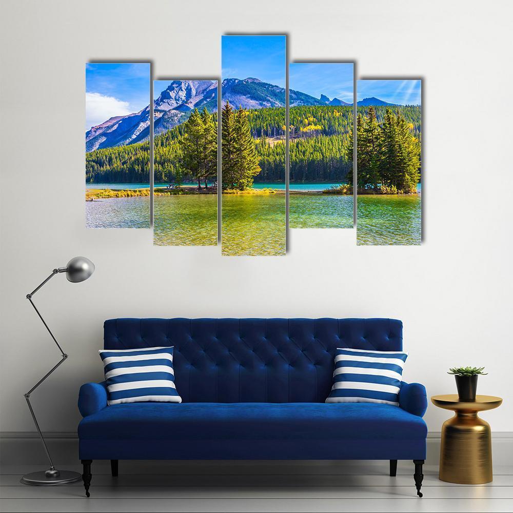 Two Jack Lake In Rocky Mountains Canvas Wall Art-5 Pop-Gallery Wrap-47" x 32"-Tiaracle