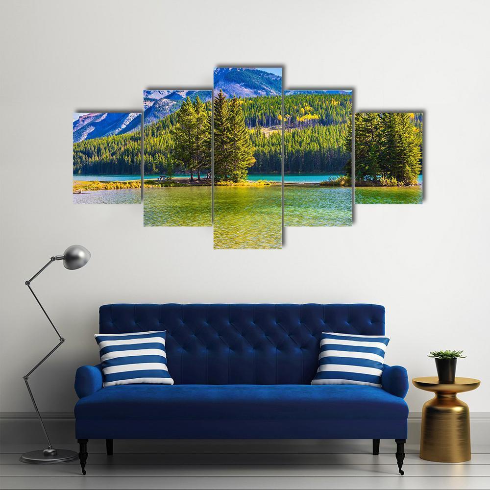 Two Jack Lake In Rocky Mountains Canvas Wall Art-5 Star-Gallery Wrap-62" x 32"-Tiaracle