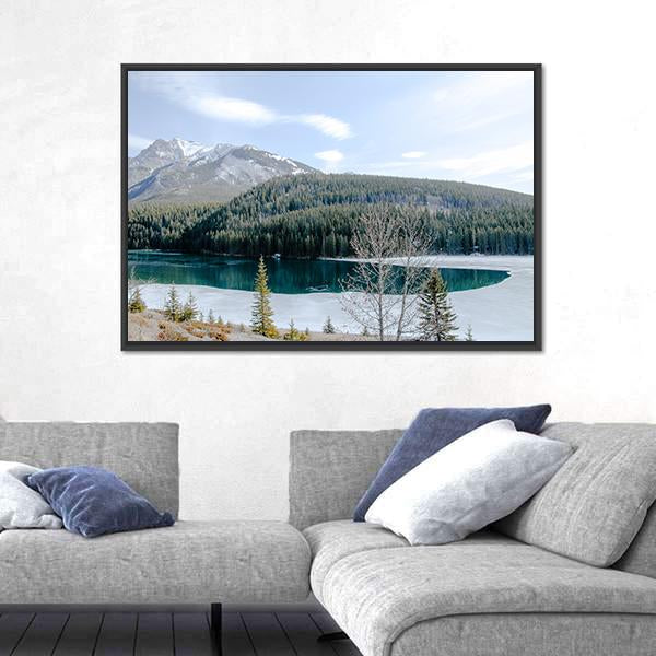 Two Jack Lake In Winter Canvas Wall Art-1 Piece-Floating Frame-24" x 16"-Tiaracle