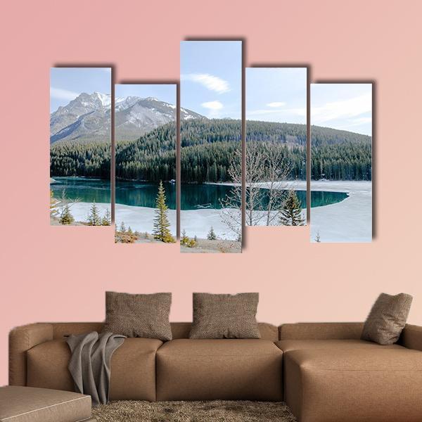 Two Jack Lake In Winter Canvas Wall Art-5 Pop-Gallery Wrap-47" x 32"-Tiaracle