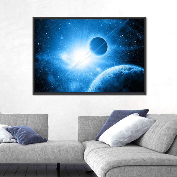 Two Planets Against The Sun In Deep Space Canvas Wall Art-1 Piece-Floating Frame-24" x 16"-Tiaracle