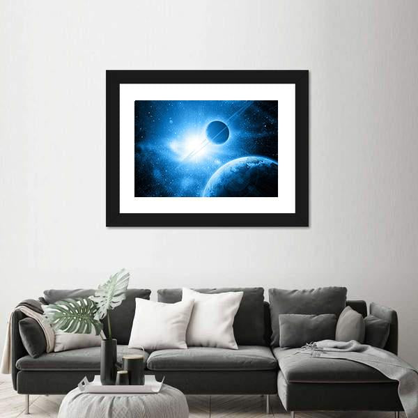 Two Planets Against The Sun In Deep Space Canvas Wall Art-1 Piece-Framed Print-20" x 16"-Tiaracle