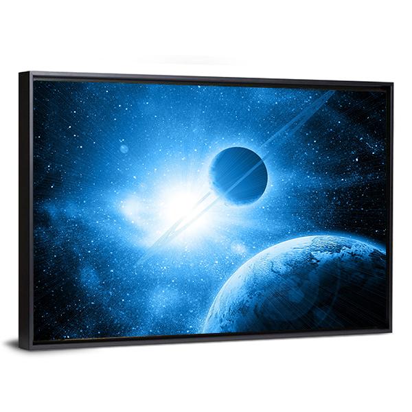 Two Planets Against The Sun In Deep Space Canvas Wall Art-3 Horizontal-Gallery Wrap-25" x 16"-Tiaracle