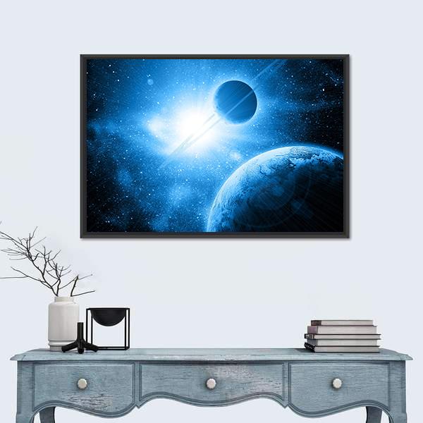 Two Planets Against The Sun In Deep Space Canvas Wall Art-3 Horizontal-Gallery Wrap-25" x 16"-Tiaracle