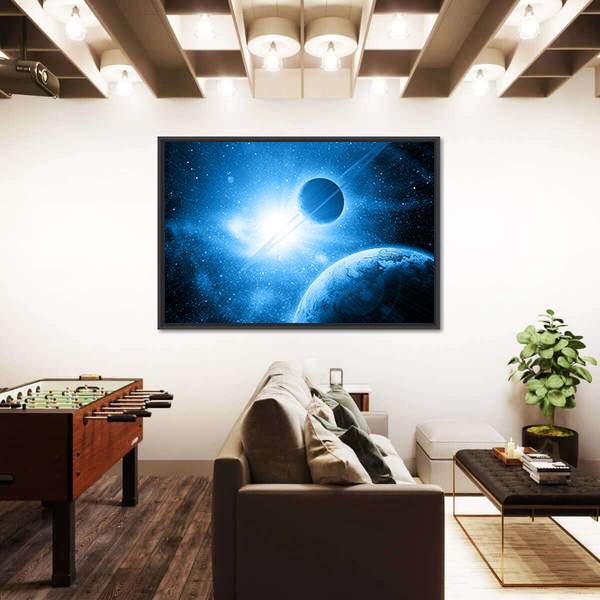 Two Planets Against The Sun In Deep Space Canvas Wall Art-3 Horizontal-Gallery Wrap-25" x 16"-Tiaracle