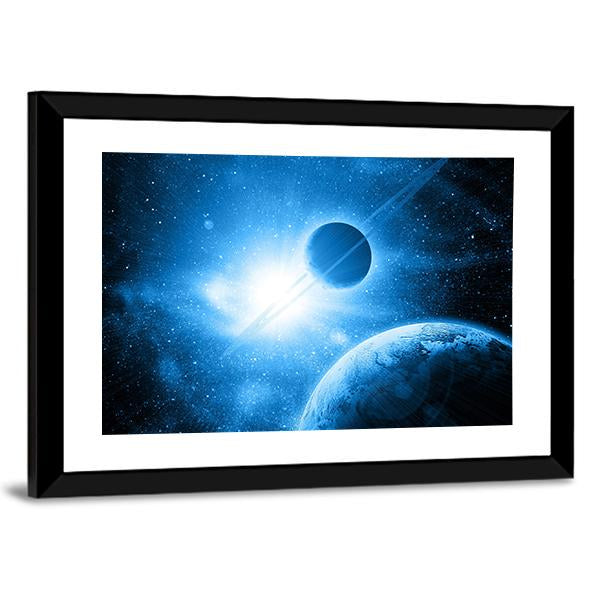 Two Planets Against The Sun In Deep Space Canvas Wall Art-3 Horizontal-Gallery Wrap-25" x 16"-Tiaracle