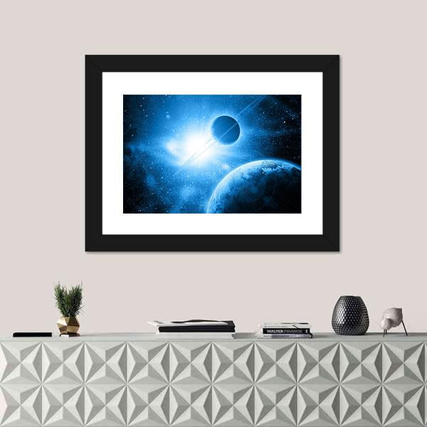 Two Planets Against The Sun In Deep Space Canvas Wall Art-3 Horizontal-Gallery Wrap-25" x 16"-Tiaracle