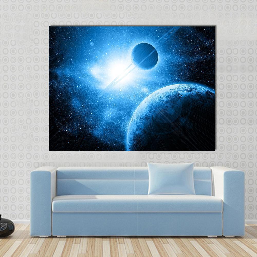 Two Planets Against The Sun In Deep Space Canvas Wall Art-1 Piece-Gallery Wrap-48" x 32"-Tiaracle