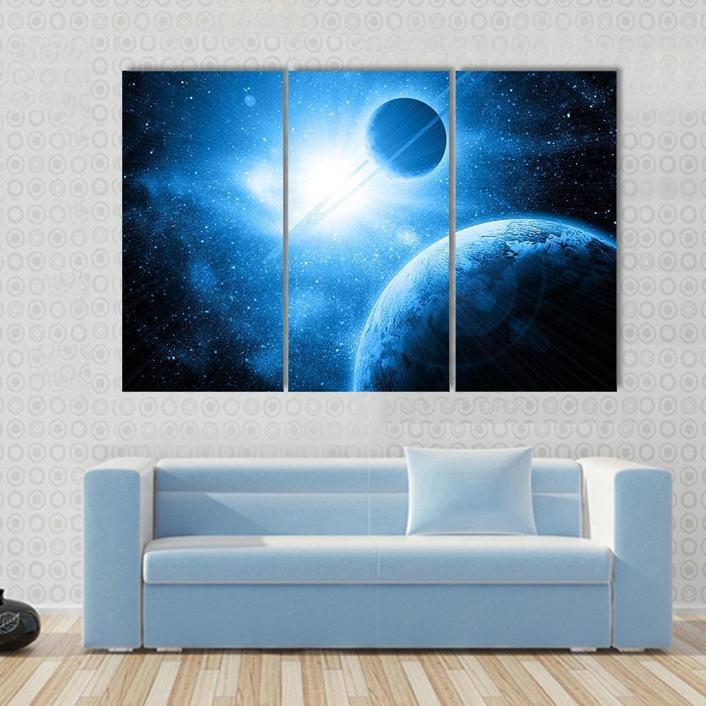 Two Planets Against The Sun In Deep Space Canvas Wall Art-3 Horizontal-Gallery Wrap-37" x 24"-Tiaracle