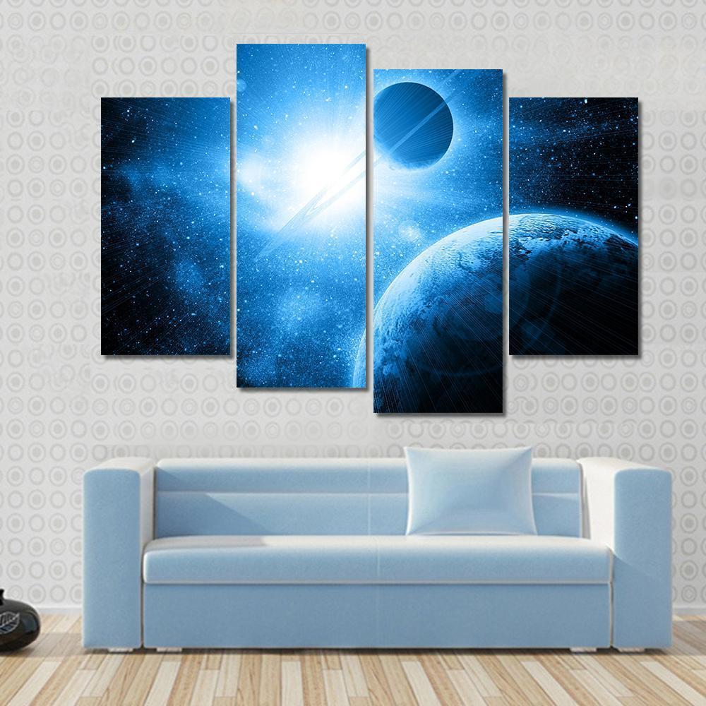Two Planets Against The Sun In Deep Space Canvas Wall Art-4 Pop-Gallery Wrap-50" x 32"-Tiaracle