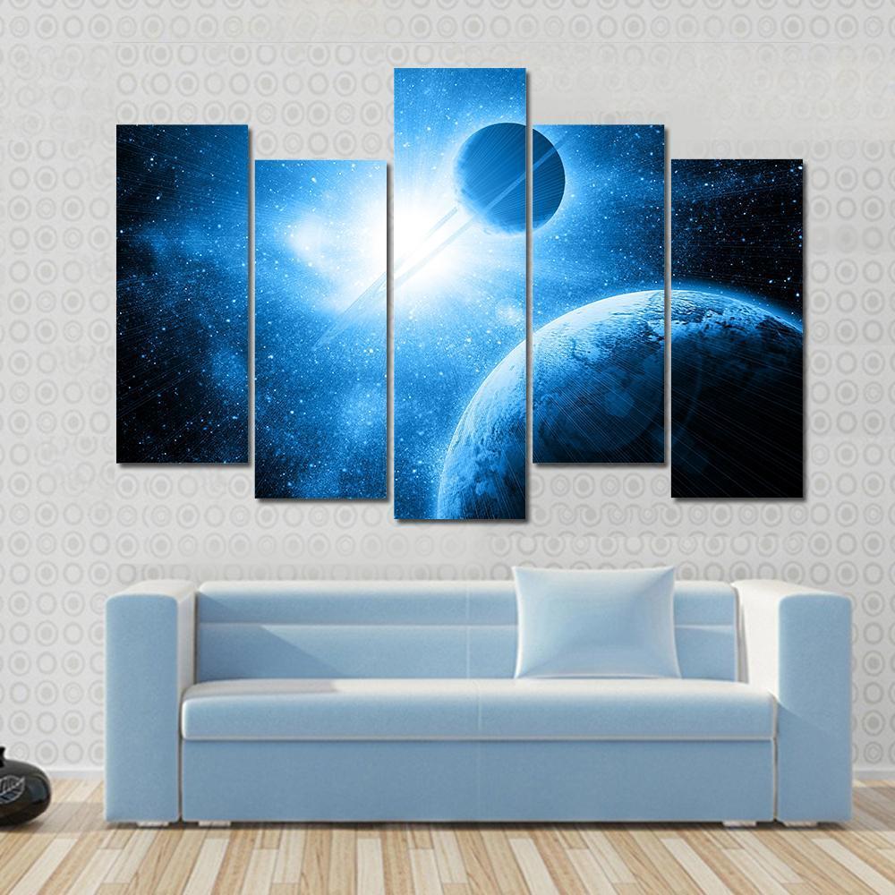 Two Planets Against The Sun In Deep Space Canvas Wall Art-5 Pop-Gallery Wrap-47" x 32"-Tiaracle