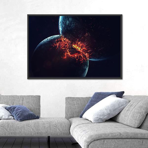 Two Planets Collision in Outer Space Canvas Wall Art-1 Piece-Floating Frame-24" x 16"-Tiaracle