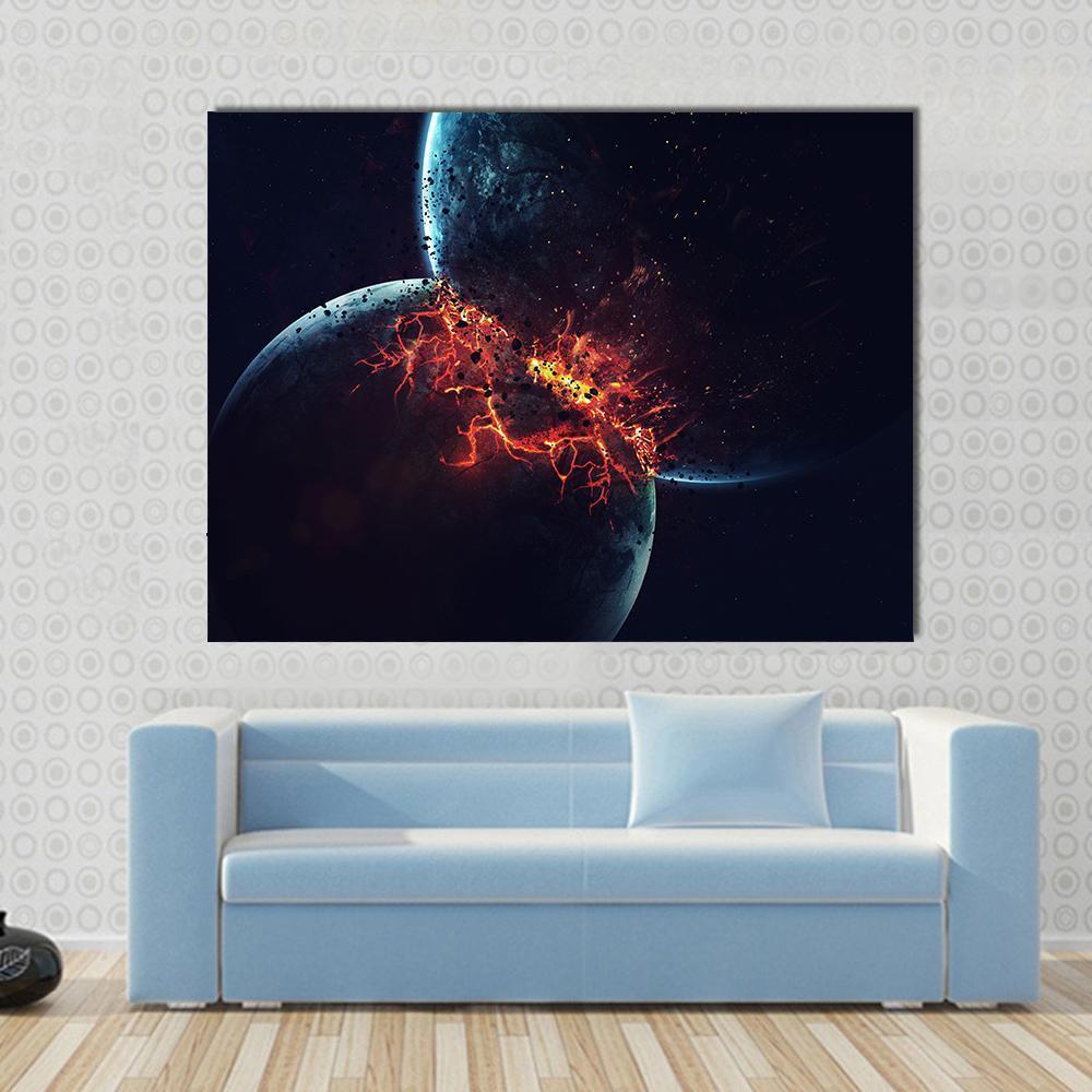 Two Planets Collision in Outer Space Canvas Wall Art in black, orange and blue, single panel hung on a wall