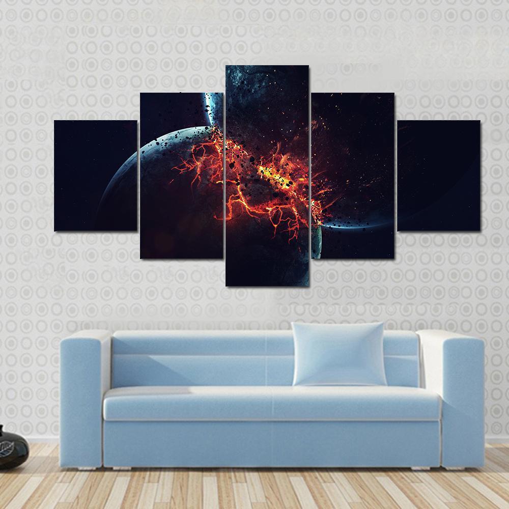 Two Planets Collision in Outer Space Canvas Wall Art-5 Star-Gallery Wrap-62" x 32"-Tiaracle