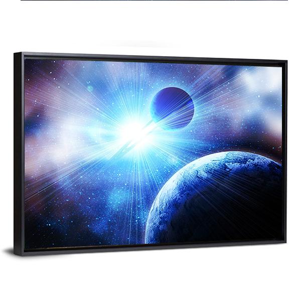Two Planets With Bright Stars Canvas Wall Art-3 Horizontal-Gallery Wrap-25" x 16"-Tiaracle