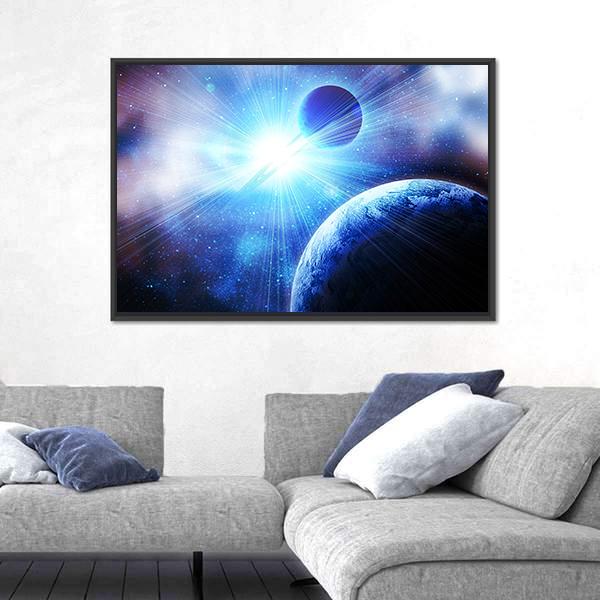 Two Planets with Bright Stars Canvas Wall Art in white, blue and purple, framed canvas, product view on a white background