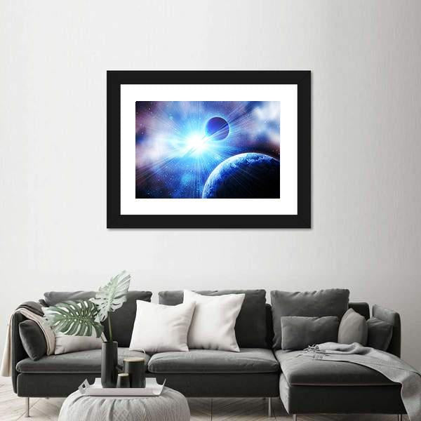 Two Planets With Bright Stars Canvas Wall Art-1 Piece-Framed Print-20" x 16"-Tiaracle