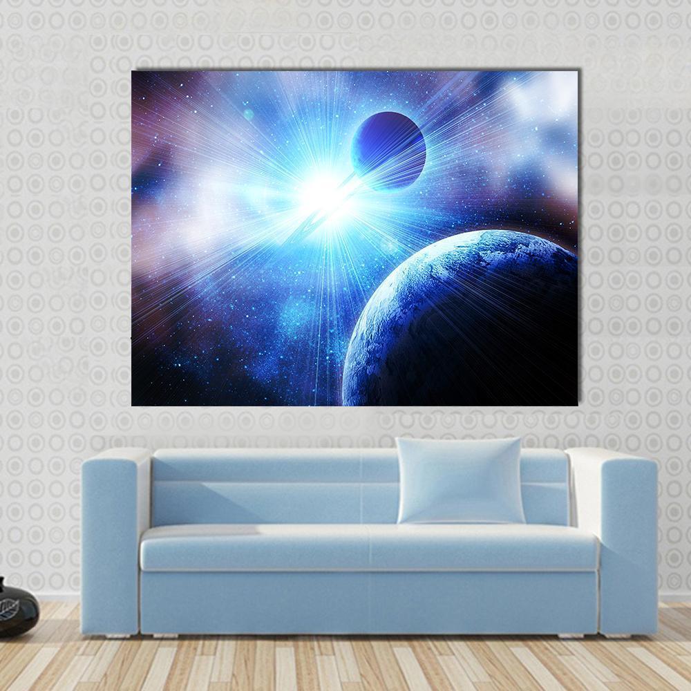 Two Planets with Bright Stars Canvas Wall Art in white, blue and purple, single panel hung on a wall