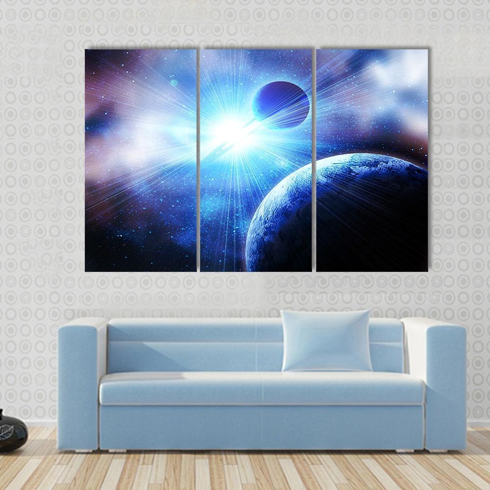 Two Planets With Bright Stars Canvas Wall Art-3 Horizontal-Gallery Wrap-37" x 24"-Tiaracle
