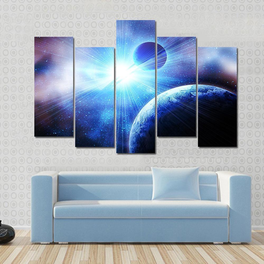 Two Planets With Bright Stars Canvas Wall Art-5 Pop-Gallery Wrap-47" x 32"-Tiaracle