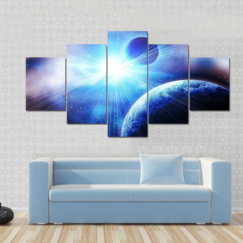Two Planets With Bright Stars Canvas Wall Art-5 Star-Gallery Wrap-62" x 32"-Tiaracle