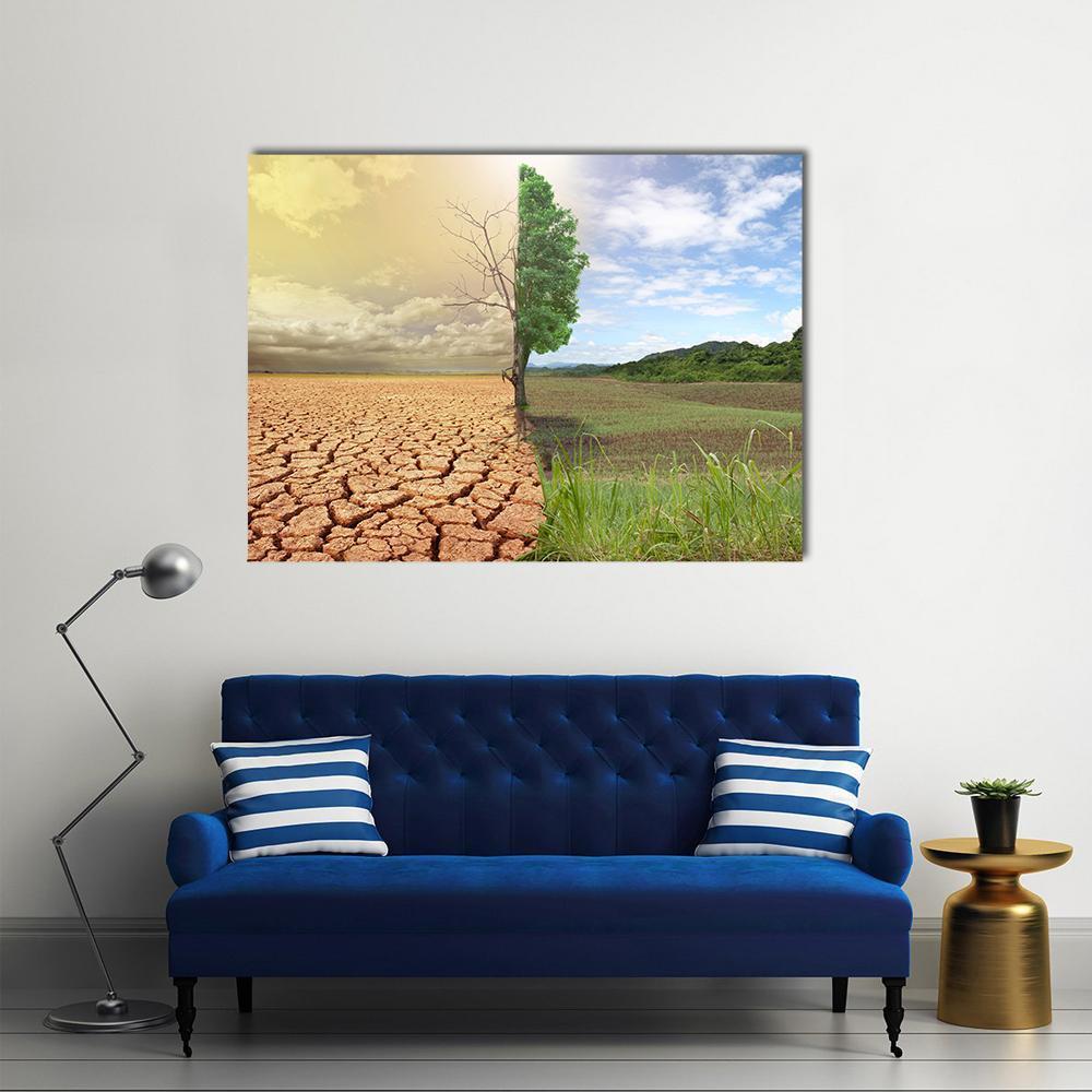 Contrasting Seasons in Nature Canvas Wall Art in brown, green and blue, single panel hung on a wall