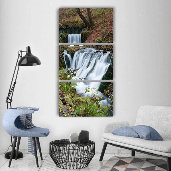Two Sequence Waterfall In Autumn Vertical Canvas Wall Art-3 Vertical-Gallery Wrap-12" x 25"-Tiaracle