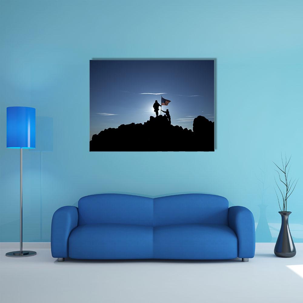 Two Soldiers Raise The American Flag Canvas Wall Art-5 Pop-Gallery Wrap-32" x 21"-Tiaracle