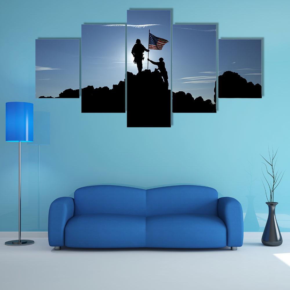 Two Soldiers Raise The American Flag Canvas Wall Art-5 Star-Gallery Wrap-42" x 21"-Tiaracle