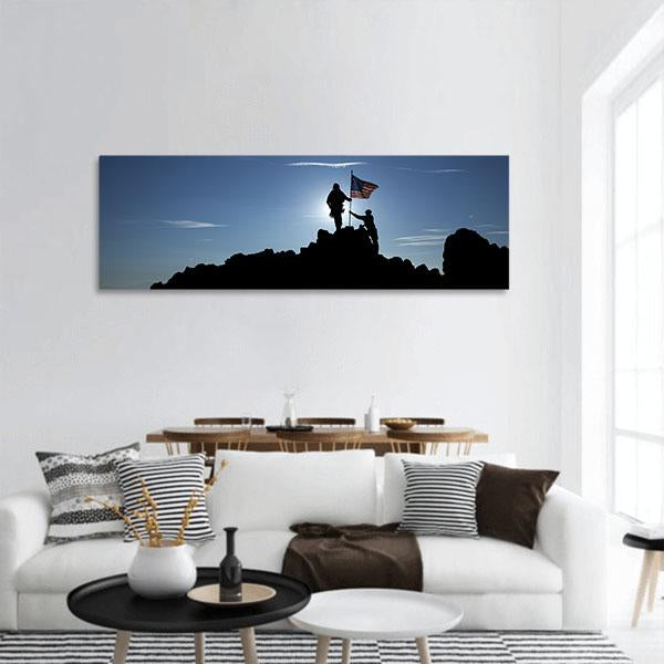 Two Soldiers Raise The American Flag Panoramic Canvas Wall Art-1 Piece-36" x 12"-Tiaracle