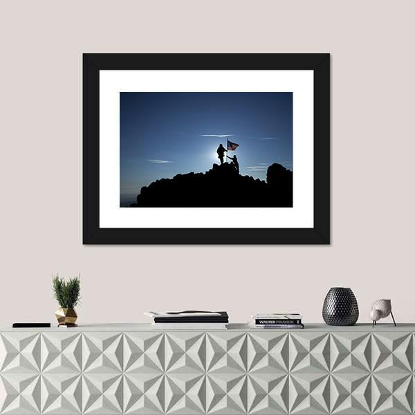Two Soldiers Raise The American Flag Panoramic Canvas Wall Art-1 Piece-36" x 12"-Tiaracle