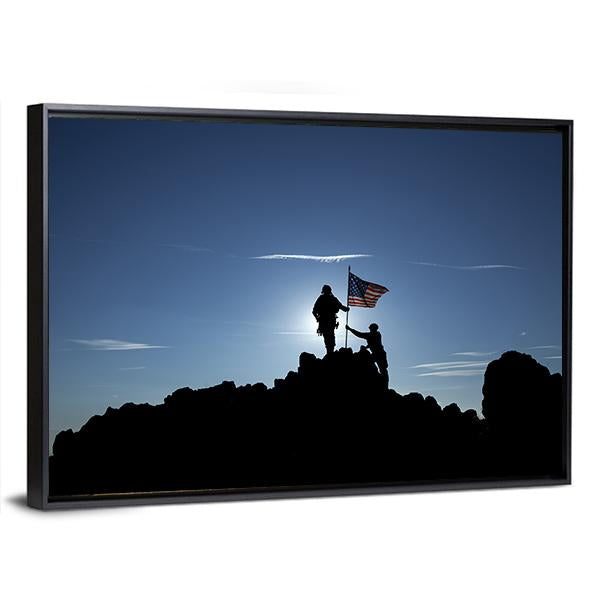 Two Soldiers Raise The American Flag Panoramic Canvas Wall Art-1 Piece-36" x 12"-Tiaracle