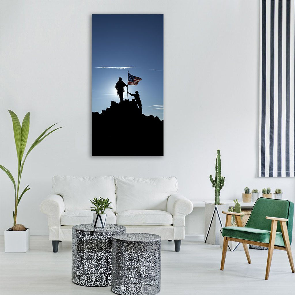 Two Soldiers Raise The American Flag Vertical Canvas Wall Art-3 Vertical-Gallery Wrap-12" x 25"-Tiaracle