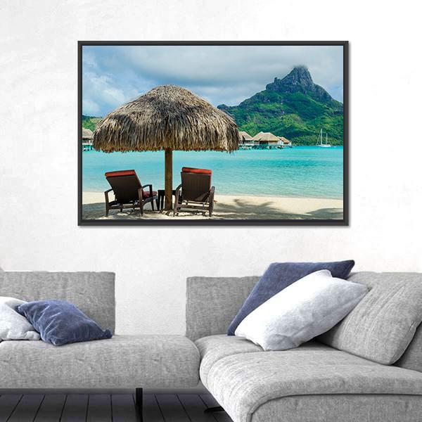 Two Sunlounger Chairs On Beach Canvas Wall Art-1 Piece-Floating Frame-24" x 16"-Tiaracle