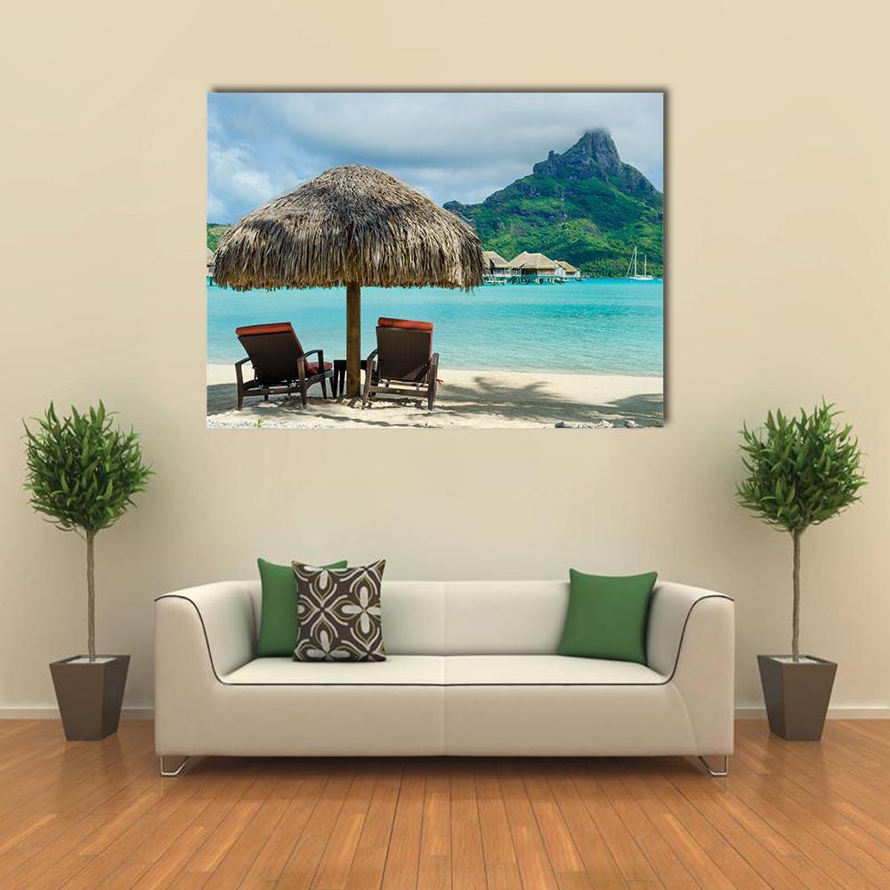 Two Sunlounger Chairs On Beach Canvas Wall Art-1 Piece-Gallery Wrap-48" x 32"-Tiaracle