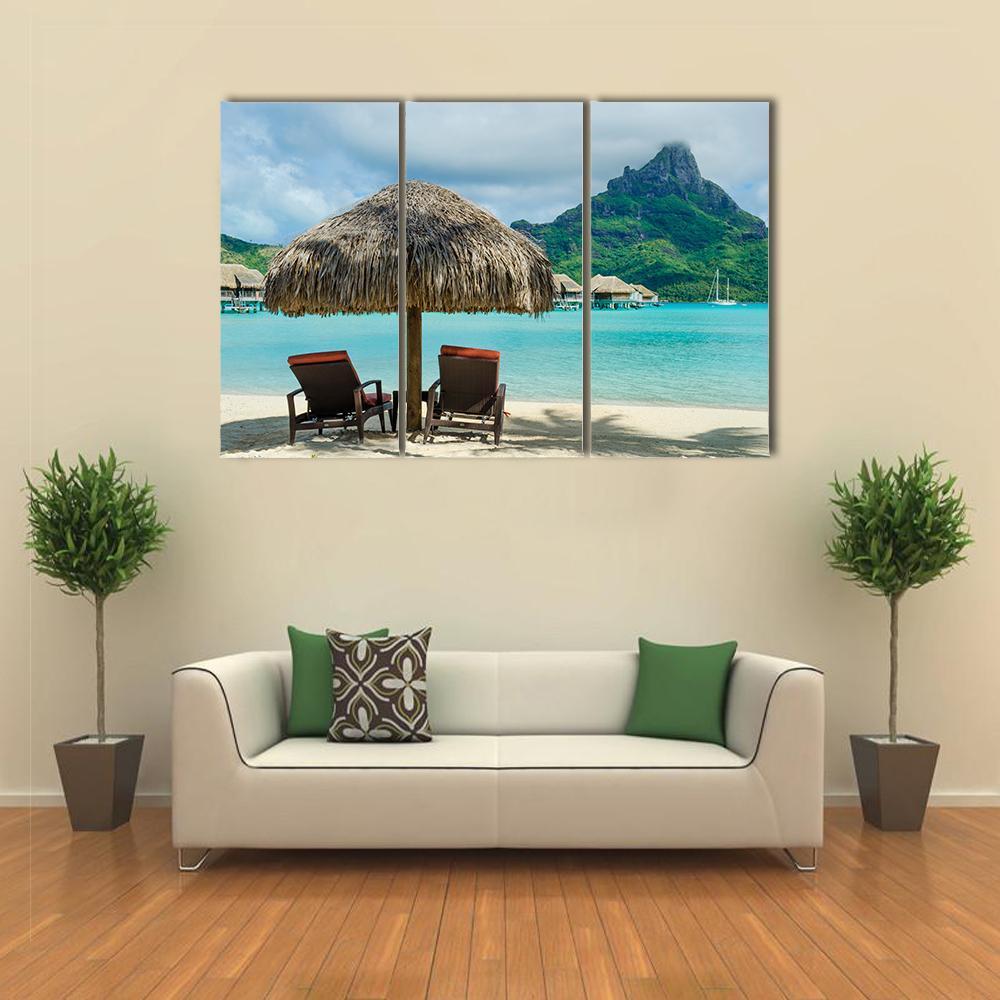 Two Sunlounger Chairs On Beach Canvas Wall Art-3 Horizontal-Gallery Wrap-37" x 24"-Tiaracle