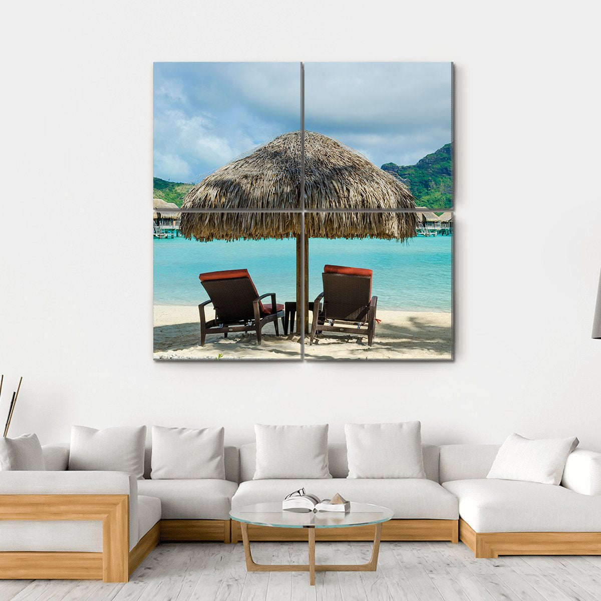 Two Sunlounger Chairs On Beach Canvas Wall Art-4 Square-Gallery Wrap-17" x 17"-Tiaracle
