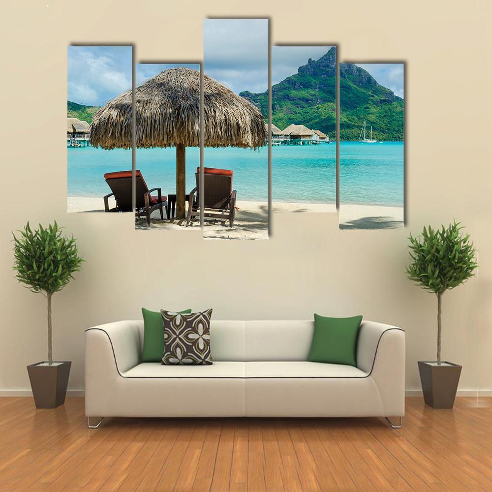 Two Sunlounger Chairs On Beach Canvas Wall Art-5 Pop-Gallery Wrap-47" x 32"-Tiaracle