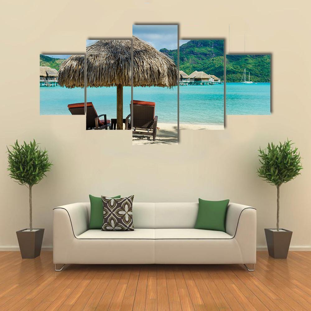 Two Sunlounger Chairs On Beach Canvas Wall Art-5 Star-Gallery Wrap-62" x 32"-Tiaracle